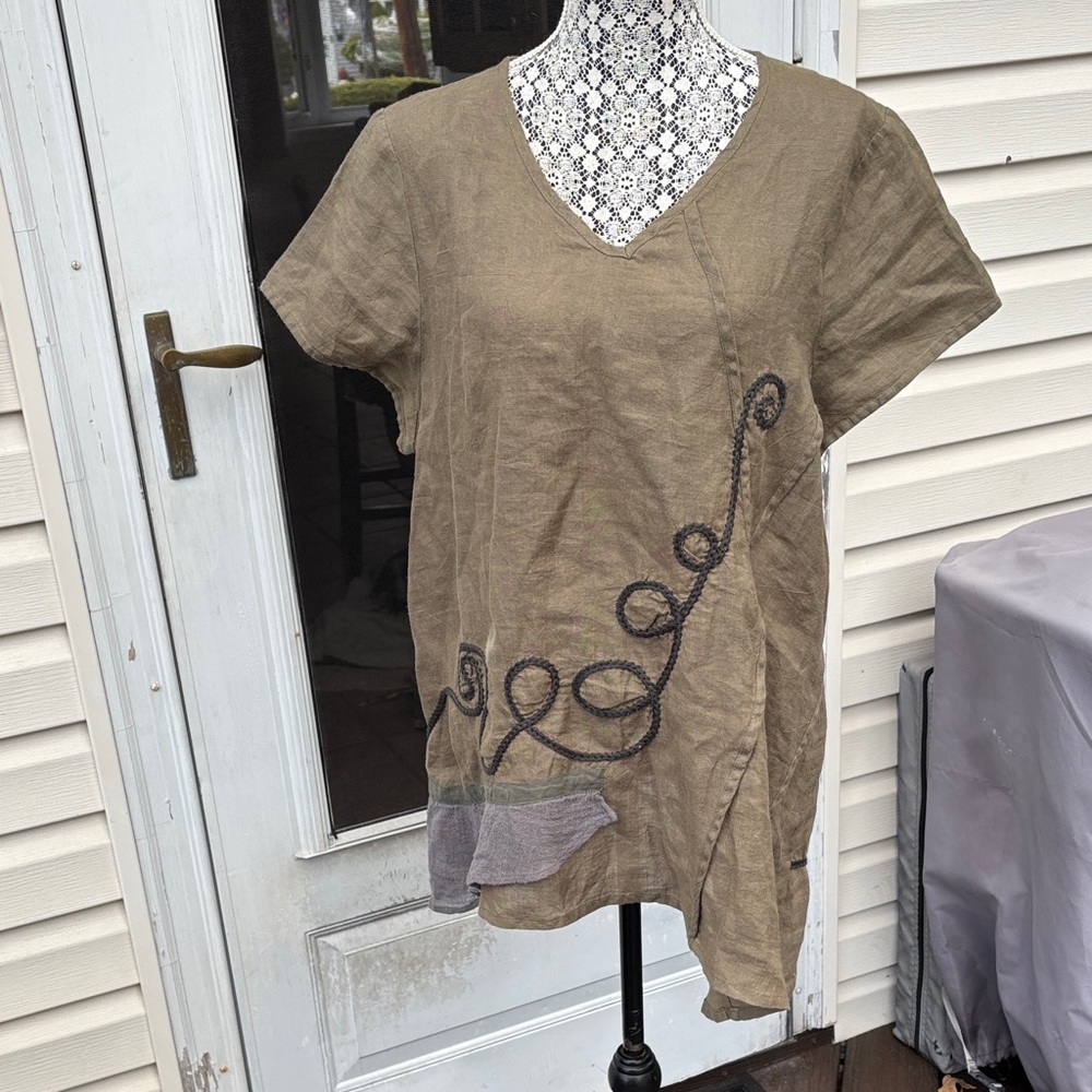 Peacock Ways ladies green gray linen tunic top-XL